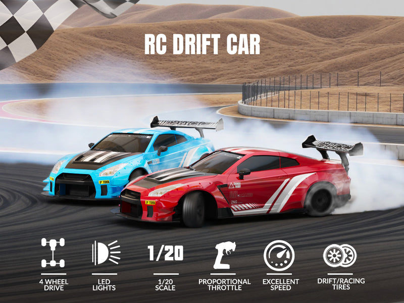 Race 1:20 RC Drift Car 4wd, lumière LED, 2 batteries bleues
