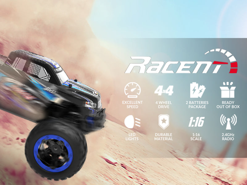 Racent Crossy Remote Control 4x4 RC Truck 1/16 Scale 30mph Fast High Speed 4WD Off Road (With Red Car Shell)