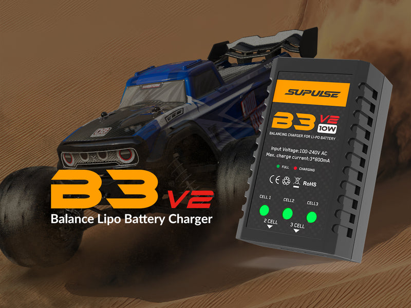 Chargeur de batterie SUPULSE LiPo Chargeur d'équilibre RC AC 7.4-11.1V 2S-3S 10W Version de mise à niveau B3AC Pro Chargeur compact Chargeur Lipo (B3V2)
