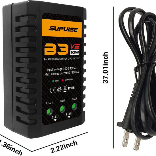 SUPULSE LiPo Battery Charger RC Balance Charger AC 7.4-11.1V 2S-3S 10W Upgrade Version B3AC Pro Compact Charger Lipo Charger (B3V2) - EXHOBBY