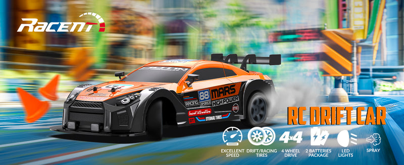 RACENT 1:16 RC Drift Car 4WD 18 KM/H, 2 Batteries, Modèle Sport Jouets Véhicule pour Enfants, Garçons, Adultes