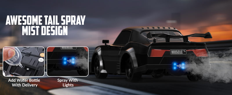RACENT 1:16 RC Drift Car, 2.4Ghz 4WD 18KM/H Remote Control Car with Spray Mist, 2 Batteries