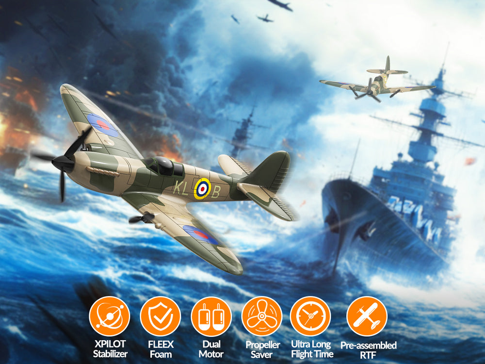 VOLANTEXRC 76205 Spitfire RC Plane RTF - 400mm 3CH Warbird de la Seconde Guerre mondiale avec stabilisateur gyroscopique XPilot