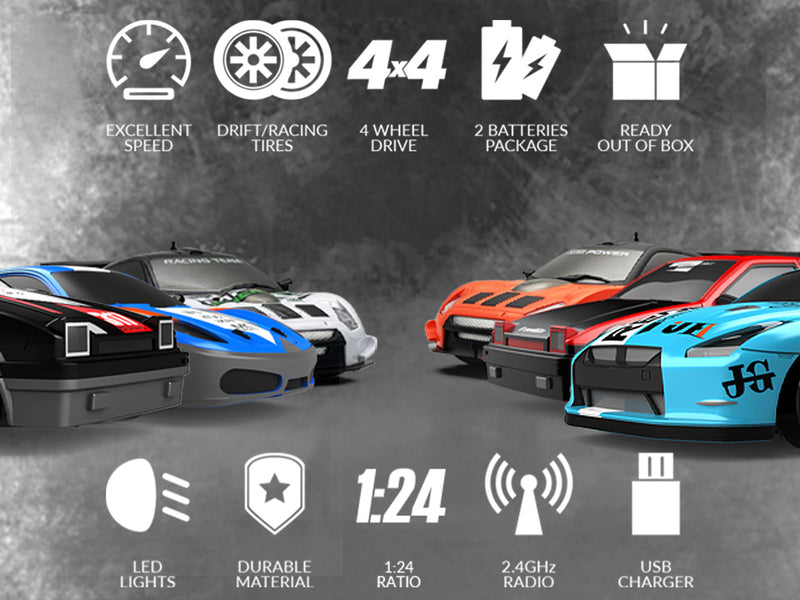 RACENT Speedster: 1:24 RC Car, 10MPH, LED, Drift Wheels