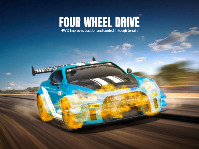 Race 1:20 RC Drift Car 4wd, lumière LED, 2 batteries bleues