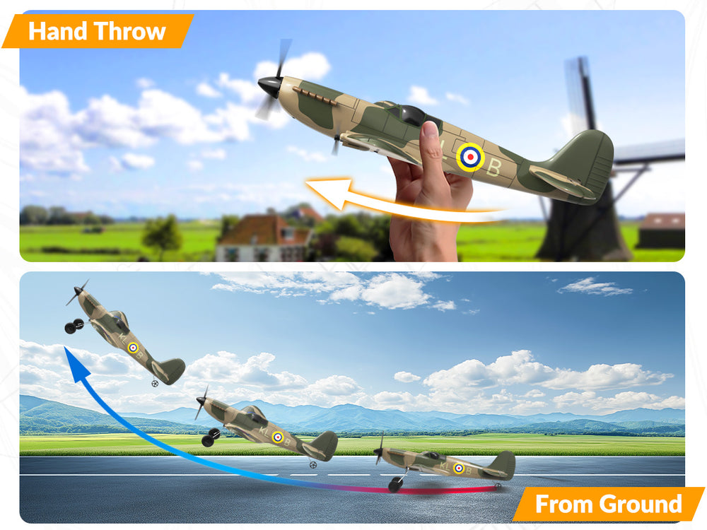 VOLANTEXRC 76205 Spitfire RC Plane RTF - 400mm 3CH Warbird de la Seconde Guerre mondiale avec stabilisateur gyroscopique XPilot