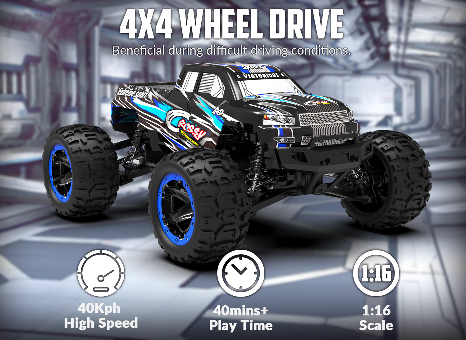 Racent Remote Control Car 4WD Off-Road RC Monster Truck 1:16 Scale 30MPH High Speed All Terrain RC Vehicle for Kids or Adults (785-5) (Blue).