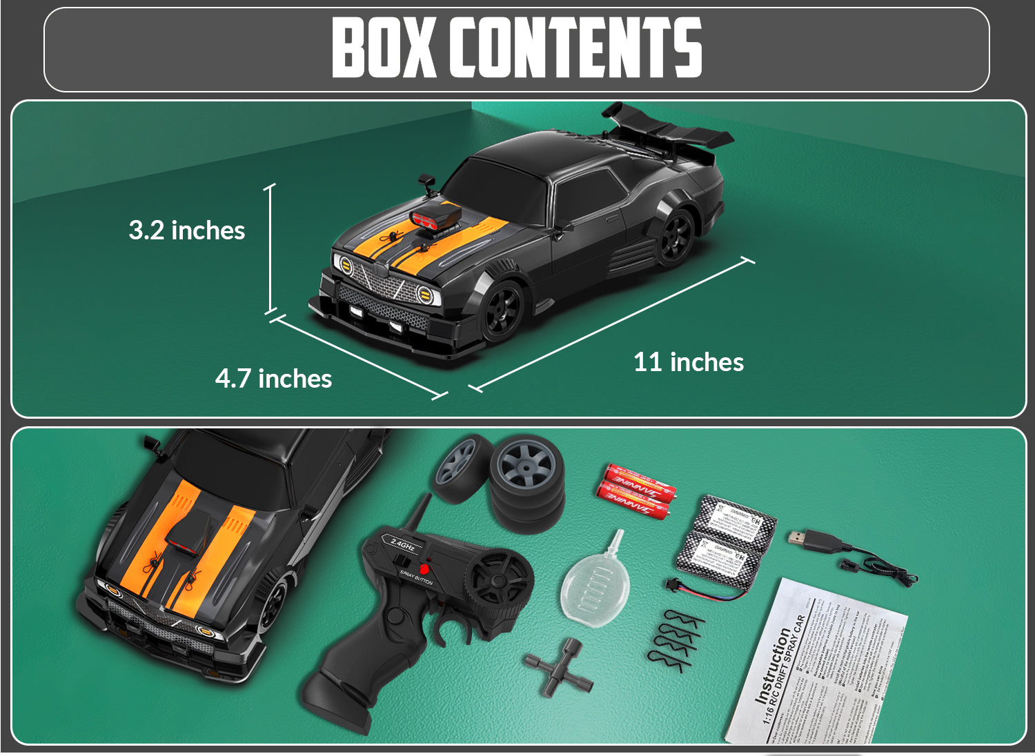 RACENT 1:16 RC Drift Car, 2.4Ghz 4WD 18KM/H Remote Control Car with Spray Mist, 2 Batteries-EXHOBBY LIMITED.