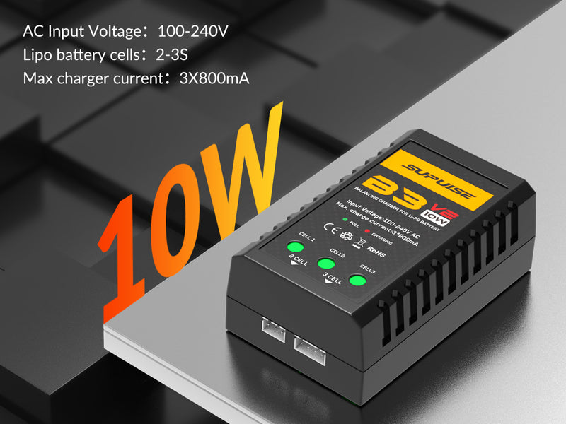Chargeur de batterie SUPULSE LiPo Chargeur d'équilibre RC AC 7.4-11.1V 2S-3S 10W Version de mise à niveau B3AC Pro Chargeur compact Chargeur Lipo (B3V2)
