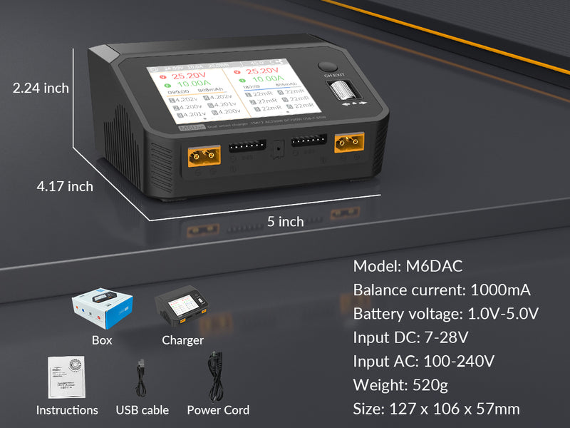 SUPULSE M6DAC Dual Battery Balance Charger AC200W,1-6S LiPo/LiHV/LiFe/LiIon,1-10S PB,1-16S NiMh,65W Fast Charging