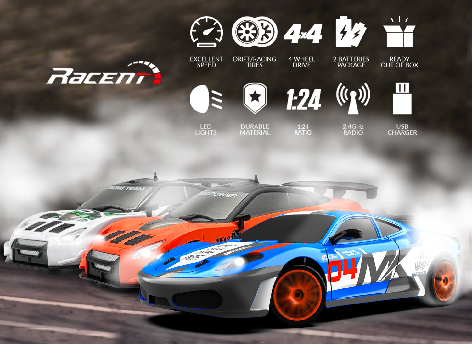 RACENT Blaze Racer: 1:24 Scale RC, 10MPH, LEDs, Drift-EXHOBBY LIMITED.