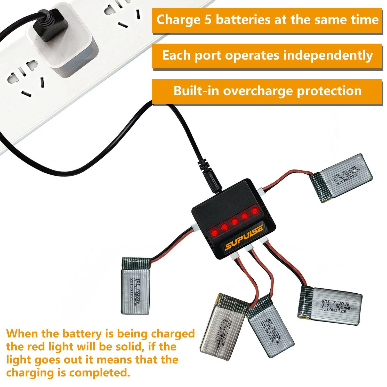 SUPULSE 5-in-1 Lipo Battery Charger 3.7V 1S 1 Cell Micro 5 Ports Compact Charger - EXHOBBY