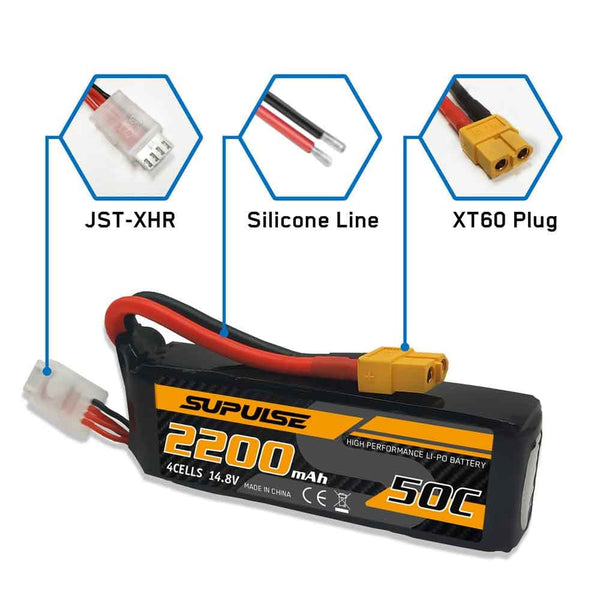 SUPULSE 2pcs 14.8V 4S 2200mAh 50C Lipo Battery with XT60 Plug - EXHOBBY